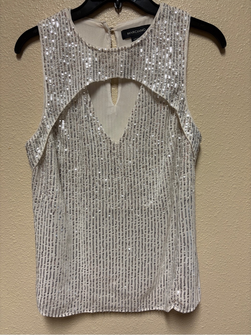 Marciano White Sequin Cutout Sleeveless Blouse